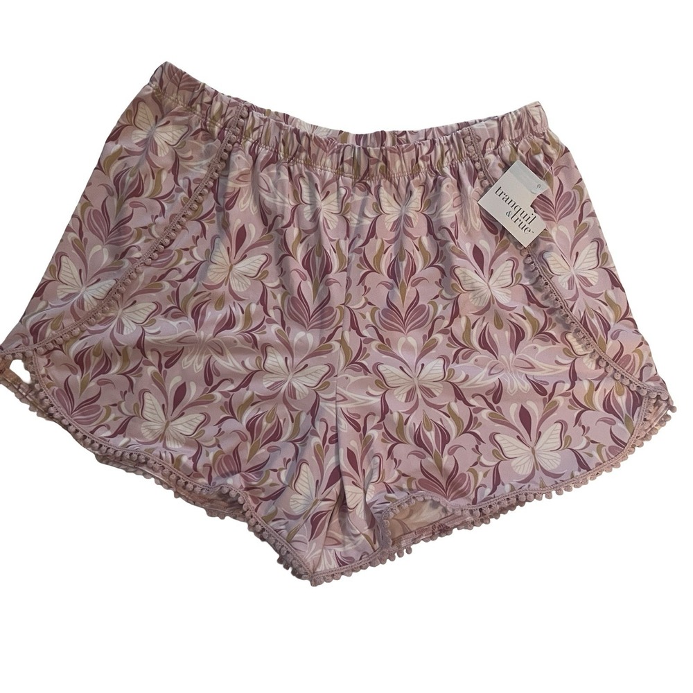 NWT Tranquil & True Size S Pajama Shorts Floral Butterfly Pink White Green
